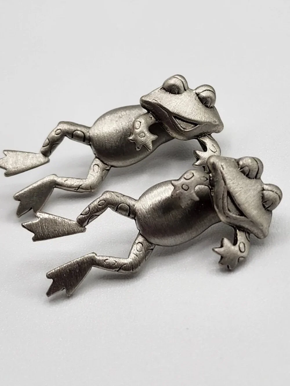 Vintage J.J. Jonette Jewelry Pewter 3D Frog Toad Two Piece Pierced Earrings
